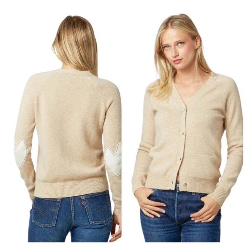 Kerri Rosenthal Willie Cashmere Cardigan XL Beige Heart Elbow Patch Sweater